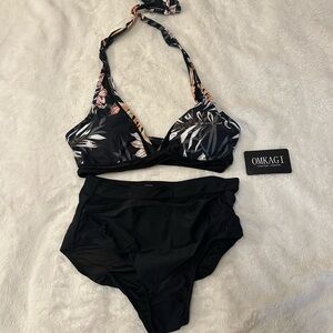 Omkagi Black Floral High-Waist Women’s Bikini Set, New